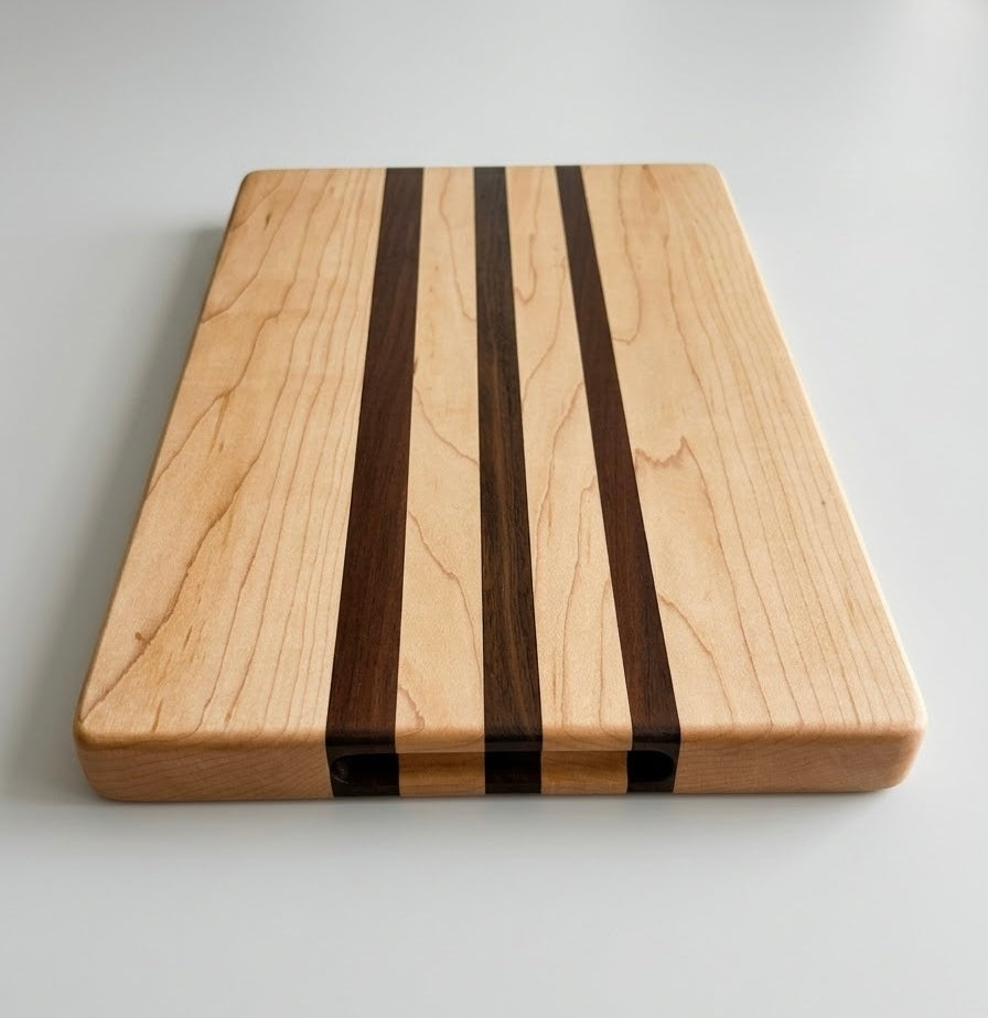 Maple & Walnut Cutting Board with Finger Grips, Handcrafted and Made to Order