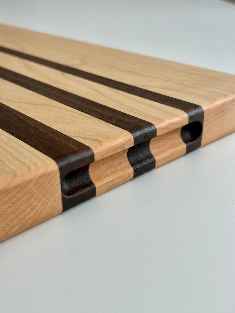 Maple & Walnut Cutting Board with Finger Grips, Handcrafted and Made to Order