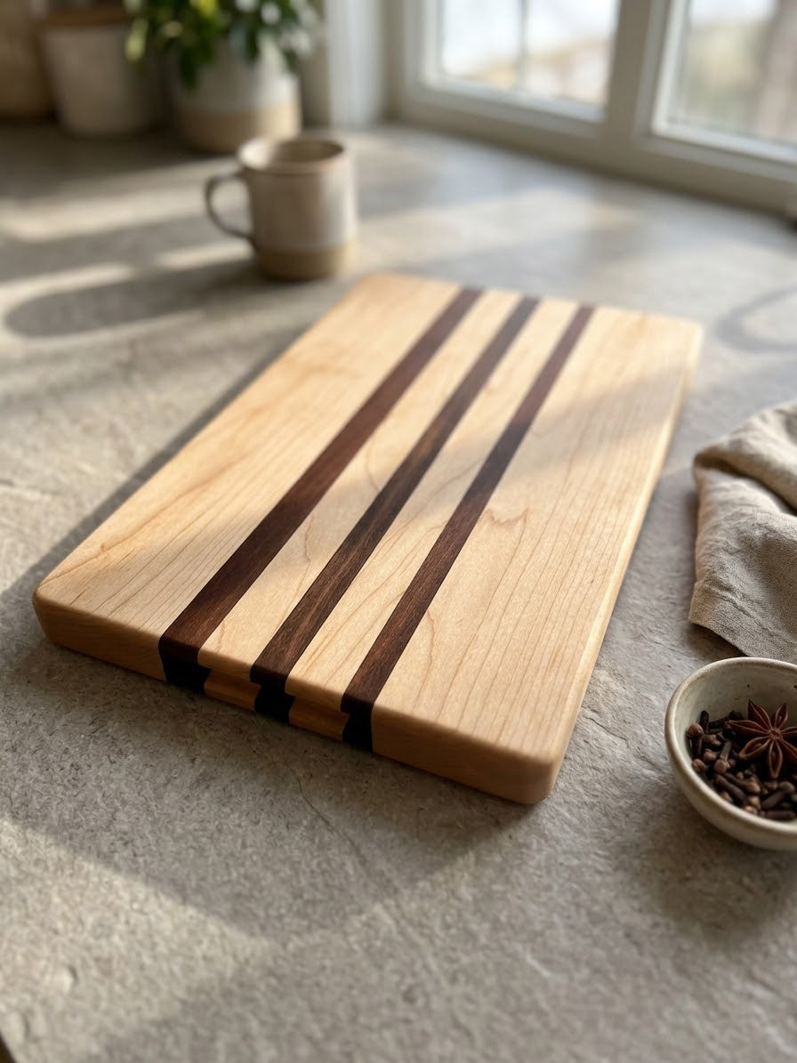 Maple & Walnut Cutting Board with Finger Grips, Handcrafted and Made to Order