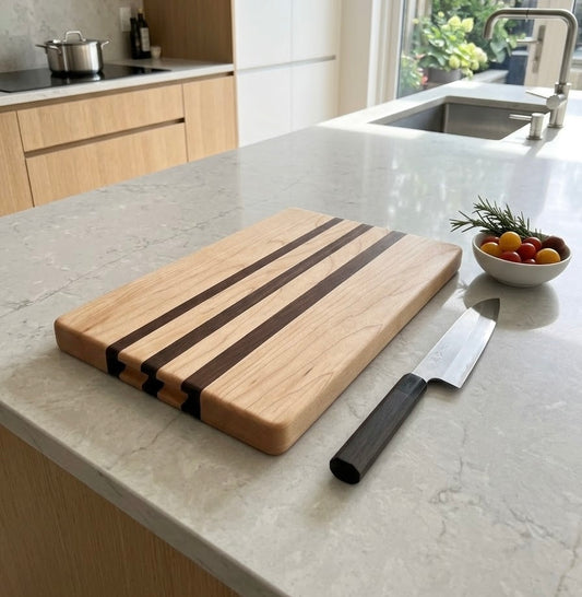 Maple & Walnut Cutting Board with Finger Grips, Handcrafted and Made to Order