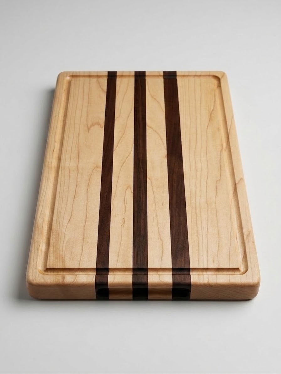 Maple & Walnut Cutting Board with Finger Grips, Handcrafted and Made to Order